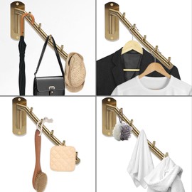 Sumnacon Stainless 2 Pcs Steel Clothes Hanger Rack-Wall Mount Garment Hook with Swing Arm, Sturdy Coat Robe Storage Organizer for Laundry Room Bedrooms Clothing Drying Rack with 5 Hooks, Gold