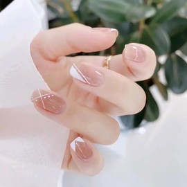24 Pcs French Tip Press on Nails Nude Medium Length with Design French Line Fake Nails Stick on Nails Reusable Glossy False Nails Coffin Acrylic Nails for Women Girls
