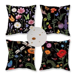 ONWAY Outdoor Waterproof Spring Summer Pillow Covers 20x20 Inch Set of 4 Floral Farmhouse Throw Pillows Decorative Cushion Cases for Outdoor Couch Sofa Patio Furniture Home Decoration Black
