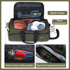 FIORETTO 43L Sports Bag & Travel Bag for Men and Women with Shoe Compartment & Wet Compartment, Waterproof Bag for Training Bag, Gym, Travel, Swimming, Sauna, Football, olive green