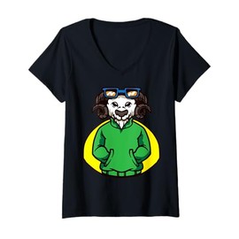 Womens Cute Goat Cartoon Character With Glasses For Kids V-Neck T-Shirt