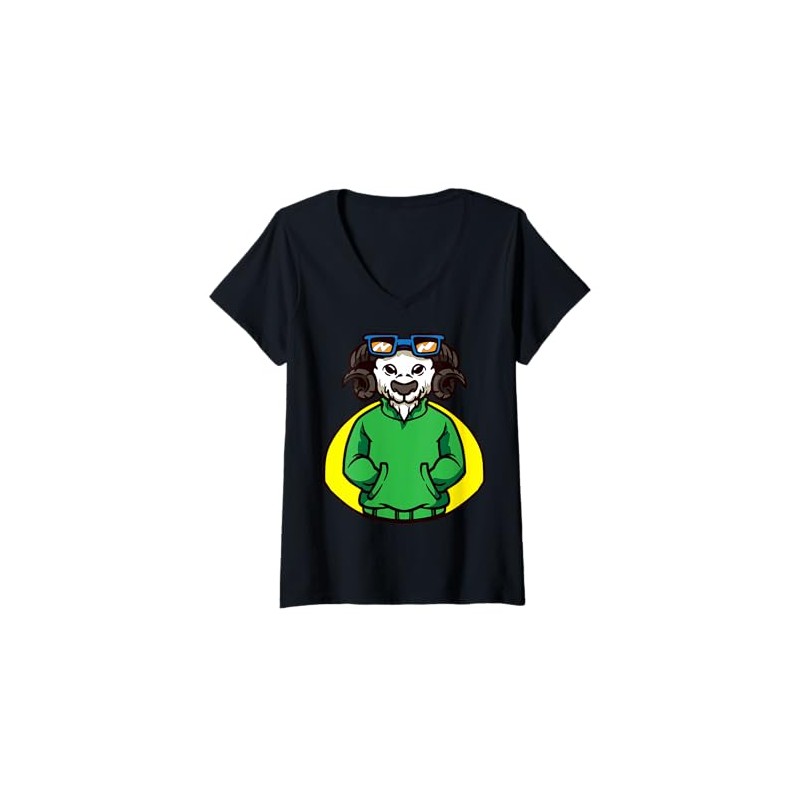 Womens Cute Goat Cartoon Character With Glasses For Kids V-Neck