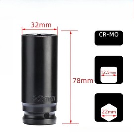 Yorkplace 22mm Deep Impact Socket 1/2" Drive -Heat-Treated CR-MO Steel, 6 Point, Metric - Heavy Duty for Impact Wrenches & Sockets Sets