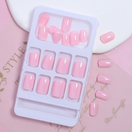 Pink Press on Nails Short Square Fake Nails with Glue Solid Color False Nails Pink Glossy Stick on Nails for Women Girls Reusable Acrylic Nails Kits Supplies 24pcs Short Press on False Nails