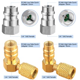 Yaocom R12 to R134A AC Fitting Conversion Adapter Kit, Quick Coupler Valve A/C 90° Port Retrofit Adapter High/Low Pressure with Valve Core Remover for AC Air Conditioner Refrigerant (Gold Silver)