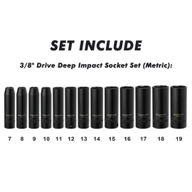 CASOMAN 13 Pieces 3/8-Inch Drive Impact Socket Set, 6-Point, Metric, Deep, CR-V, 7mm to 19mm, Heavy Duty Blow Molded Storage Case