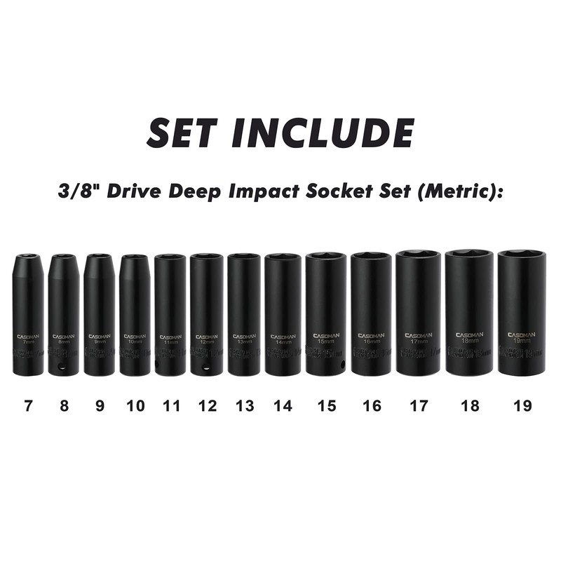 CASOMAN 13 Pieces 3/8-Inch Drive Impact Socket Set, 6-Point, Metric,