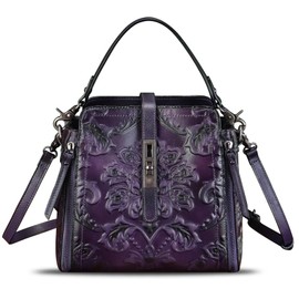 Genuine Leather Purses and Handbags for Women Retro Embossed Crossbody Shoulder Bag Satchel Pouch (Purple)