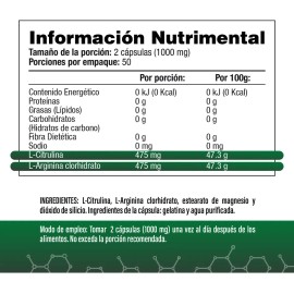 L-Citrulina con Arginina 475mg  475mg por porcin (2 cpsulas) 100 Cpsulas - SV - Sin Gluten, Sin OMG - Producto Original de Alta Calidad, Entrega Rápid