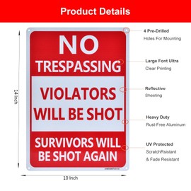 No Trespassing Signs,Violators Will Be Shot Sign, 2 Pack 14"x10" RustFree Reflective Aluminum Survivors Will Be Shot Again Signs, UV Protected,FadeResistant and Weather Resistant, Easy to Mount.