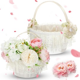 AceOrbit 2 Pcs Wedding Flower Girl Baskets with Handle White Lace Satin Elegant Storage Flower Girl Baskets for Wedding Bride Ceremony Party Accessories