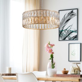 18" Golden Modern Crystal Drum Chandelier,6-Light Pendant Lighting Fixture with Metal Frame for Living Room (Bulbs Not Included)Design Style: Modern, Lamp Power(W): 15, Product Size: 45*45*25cm