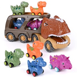 Weinsamkeit Dinosaur Truck Toy with Roar Sound, 5-in-1 T-Rex Car Transporter Dinosaur Toy from 3 4 5 Years, Dino Toy Cars Gifts for Children Toddlers Girls Boys (Brown)