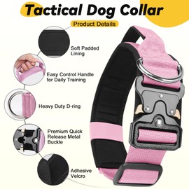 Tactical Dog Collar, Adjustable Heavy Duty Wide Thick Dog Collars with Quick Release Buckle, Soft Padded and Comfortable Pet Collar for Small Medium Large Boys Girls Dogs (Pink, L)