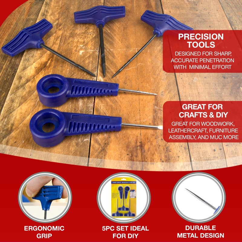 5-Piece Twist Gimlet, Bradawl, and Awl Set – Durable Hand