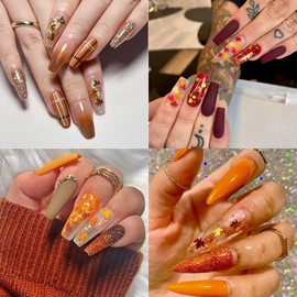 12 Grids Fall Maple Leaf Nail Art Glitter 3D Holographic Hexagon Nail Sequins Glitter Flakes Autumn Maple Leaves Glitter Nail Charms Nail Art Supplies for Women Girls Acrylic Nail DIY Thanksgiving