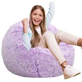 Fluffy Bean Bag Chair for Kids, 2.5FT Round Memory Foam Filled Bean Bag for Teens & Kids, Ultra Soft Faux Fur Fabric Bean Bag Chairs for Playroom, Living Room, Bedroom, Lavender
