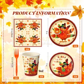 Sliner 180 Pcs Thanksgiving Disposable Plates and Napkins Sets, Fall Theme Thanksgiving Party Supplies for Thanksgiving Party Decorations, Serves 30 Guests(Classic Turkey)