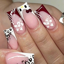 IMRAIN Press on Nails Long Square Fake Nails French Nails Tips Full Cover Glossy Squoval Leopard & Flower Acrylic Nails with Designs Glue on False Nails for Women 24Pcs