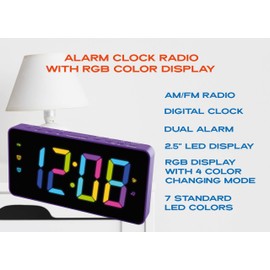 HANNLOMAX HX-160CR PLL FM Radio Alarm Clock, 2.5" LED Display with RGB Color (7 Regular Colors and 4 Dynamic Color Charging Mode), Display Dimmer Function, AC Operation only. (Purple)