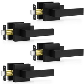 Plustool 4 Pack Matte Black Door Handles, Passage Door Levers for Hallway & Closet, Interior Keyless Door Knobs Heavy Duty Square Non-Locking Handlesets(2.0lb), Reversible for Left & Right Sided Doors