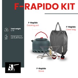 FINJAN Backpack Cooking Kit Camping Set Ultralight for 6 Person, “F-Rapido” Coffee Pot, Portable Burner Stove in a Water Resistant Carrying Sack Case. Small Light Compact for Boiling Water Coffee Tea