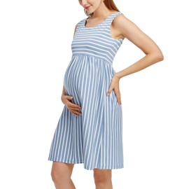 Ecavus Womens Maternity Tank Dress Stripe Color Block Sleeveless Knee Length for Baby Shower