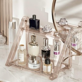 FYBREEK Tea Brown Foldable Perfume Organizer,Makeup Organizer,Clear Acrylic Double Layer Display Stand, Waterproof Cosmetic Storage Rack for Bathroom Vanity Countertop (1PC)