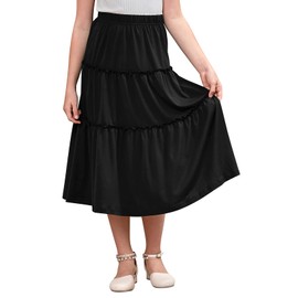GORLYA Girls Boho Casual Elastic High Waist Tiered Ruffle Hem Long Swing Maxi Skirt 4-14T(GOR1141,14Y,Black)