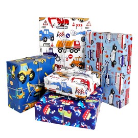 ZCOINS 4 Sheets 70 x 50CM Vehicle Wrapping Paper for Kids Mens Police Car Ambulance Fire Truck and Helicopter Emergency City Rescue Theme Transport Gift Paper Bulk for Birthday Party DIY Crafts Supply