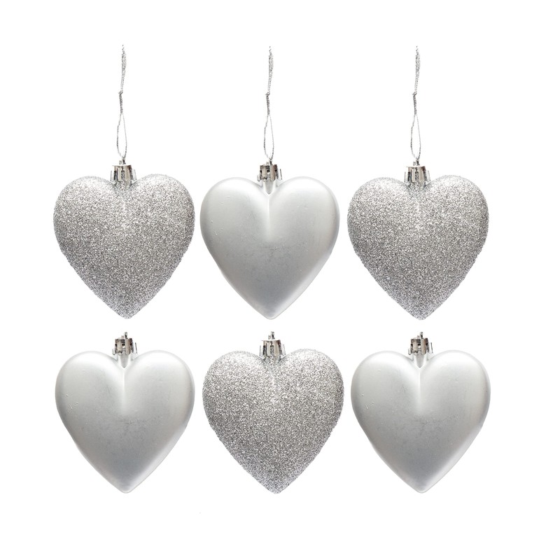 6pc Large Glitter & Matte Heart Baubles - Great Christmas