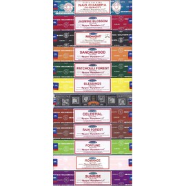 Satya Nag Champa Sunrise Sandalwood Midnight Patchouli Celestial Fortune Blessings Romance Super Hit Jasmine Blossom Rain forest Premium Assorted Incense Sticks 15g x 12 Pack
