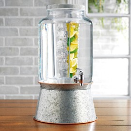 2 Gallon Ice Cold Clear Glass Beverage Drink Dispenser With Chiller Infuser, Lid & Spigot & Galvanized Stand - Great For Outdoor, Party, & Daily Use