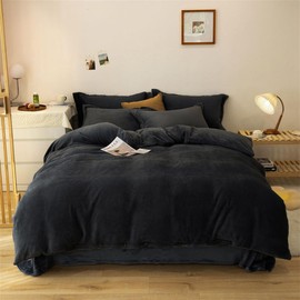 Pureant Black Velvet Comforter Sets Queen Solid Black Fluffy Bedding Comforters Women Men Plain Dark Color Flannel Quilt Modern Minimalist All Black Comforters Queen Size Micromink Sherpa Plush Bed