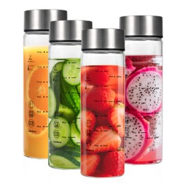 Lucidora 4 Pcs 16oz Glass Juice Bottles with Lids, Wide Mouth Glass Water Bottles with Measurement Markings Reusable Borosilicate Bottle for Juicing Smoothies Beverages, Leakproof Stainless Steel Caps