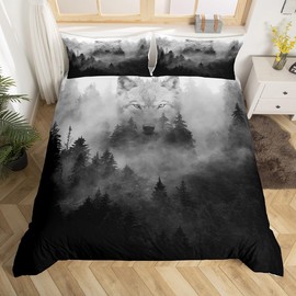 Wolf Printed Bedding Set Twin Size for Kids Boys Bedroom,Misty Style Bed Duvet Cover Set,Wolf Silhouette Comforter Cover Wild Animals Decor 2 Pieces 1 Duvet Cover with 1 Pillowcase No Comforter