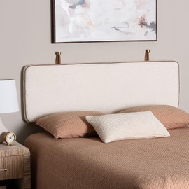 Baxton Studio Belden Boucle Upholstered Wall-Mounted Headboard - Padded Cushion Panel with Faux Leather Piping, Modern Bedroom Accent Piece, Cream, Queen