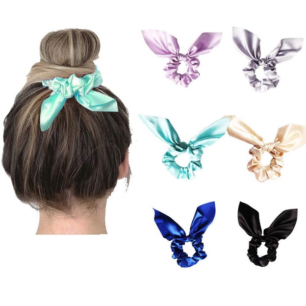 Silk Bowknot Hair Scrunchies,Solid color Traceless Hair Ties,Ear Bow Bowknot Scrunchie,Vintage Hair Bands Ties for Women Girls,Elastic Hair Bobbles for Ponytail Holder (Bow Headband-6 Colors-B)