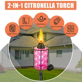Glass Garden Torch for Outside 4 Pack, Citronella Torches with 5-Prong Grounded Stake,Colorful Outdoor Torch Garden Decor Canisters 12 oz,Metal Light Torches for Party Patio Pathway