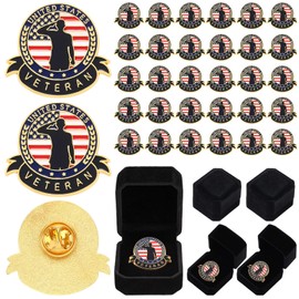 Yaomiao 30 Set Veteran Pins Memorial Day Veteran Gift Velour Jewelry Gift Box Independence Day Patriotic American Flag Label Pins for USA Military