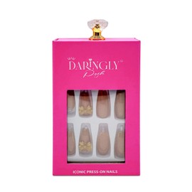 Daringly Posh Press-On Nails | Natural Cutie | Long Ballerina Shape | Clear Brown Nails with Gold Fluid Accents & Crystals | 24 Nails in 12 Sizes | Includes Ultra Strength Glue, Tabs & Tools.