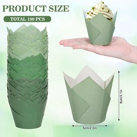 Whaline 180Pcs Gradient Green Tulip Cupcake Liners Sage Green Tulip Muffin Baking Liners Dark Green Light Green Cupcake Wrappers Baking Cup for Bridal Baby Shower Wedding Birthday Party Decor