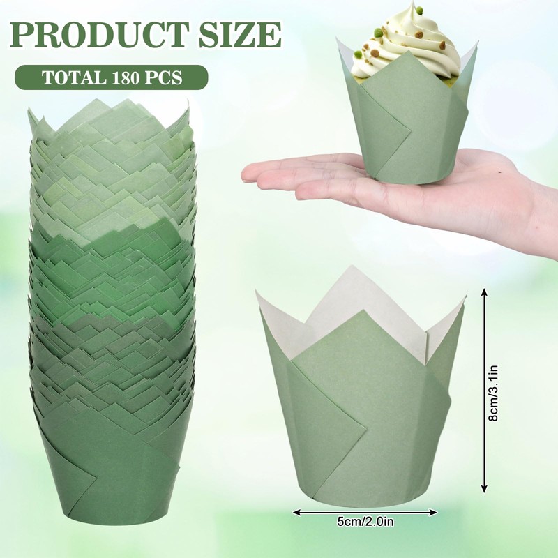 Whaline 180Pcs Gradient Green Tulip Cupcake Liners Sage Green Tulip
