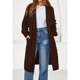 PRETTYGARDEN Long Sleeve Open Front Fall Sweaters for Women 2025 Cable Knit Long Cardigan Fashion Outfits with Pockets (Brown, Small)