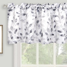 Inselnwald Watercolor Leaves Print Valance for Windows, Grey and White Floral Printed Short Curtains Valances Rod Pocket for Kitchen Bathroom Cafe Living Room 52 x 18 Inches, Gray