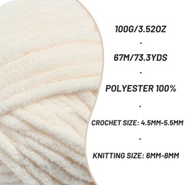 Chunky Chenille Yarn for Crocheting，Baby Yarn for Crocheting Soft Blankets，Bulky Yarns for Crochet Amigurumi，2×100g (2×74.3yds) Fluffy Velvet Yarns for Hand Knitting (2 Light Beige)