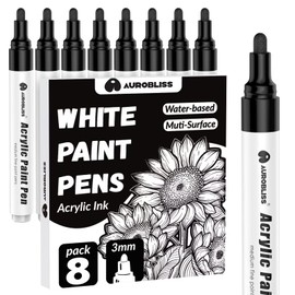 Aurobliss Acrylic Pens Black Pack of 8 Waterproof Pens for Wood, Canvas, Stones, Plastic, Clothing, Fabric - 2-3 mm Thick Tip, Permanent Black Ink