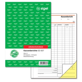 SIGEL SD007 Cash Report / Inventory Invoice A5, 2 x 40 Sheets, Self-Copying, 1 Piece, Micro-Perforated, with Filing Punching, Made from Sustainable Paper