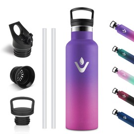 Vikastar Stainless Steel Water Bottle, Thermos Flask, 500 ml, BPA-Free Drinking Bottle, Thermos Bottle with Straw, Drinking Bottle for School, Sports, Bike, Camping, Deep Purple & Pink
