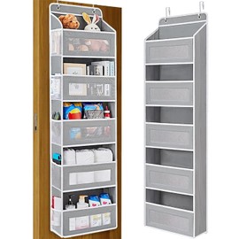 BOYUZHE Over the Door Organizer with 5 Front Pockets and 5 Mesh Side Pockets, 15.7x5.5 x57.8 Inch Extra Large Hanging Organizer for Over the Door Storage in Bedroom, Bathroom, Pantry, Nursery (Grey)